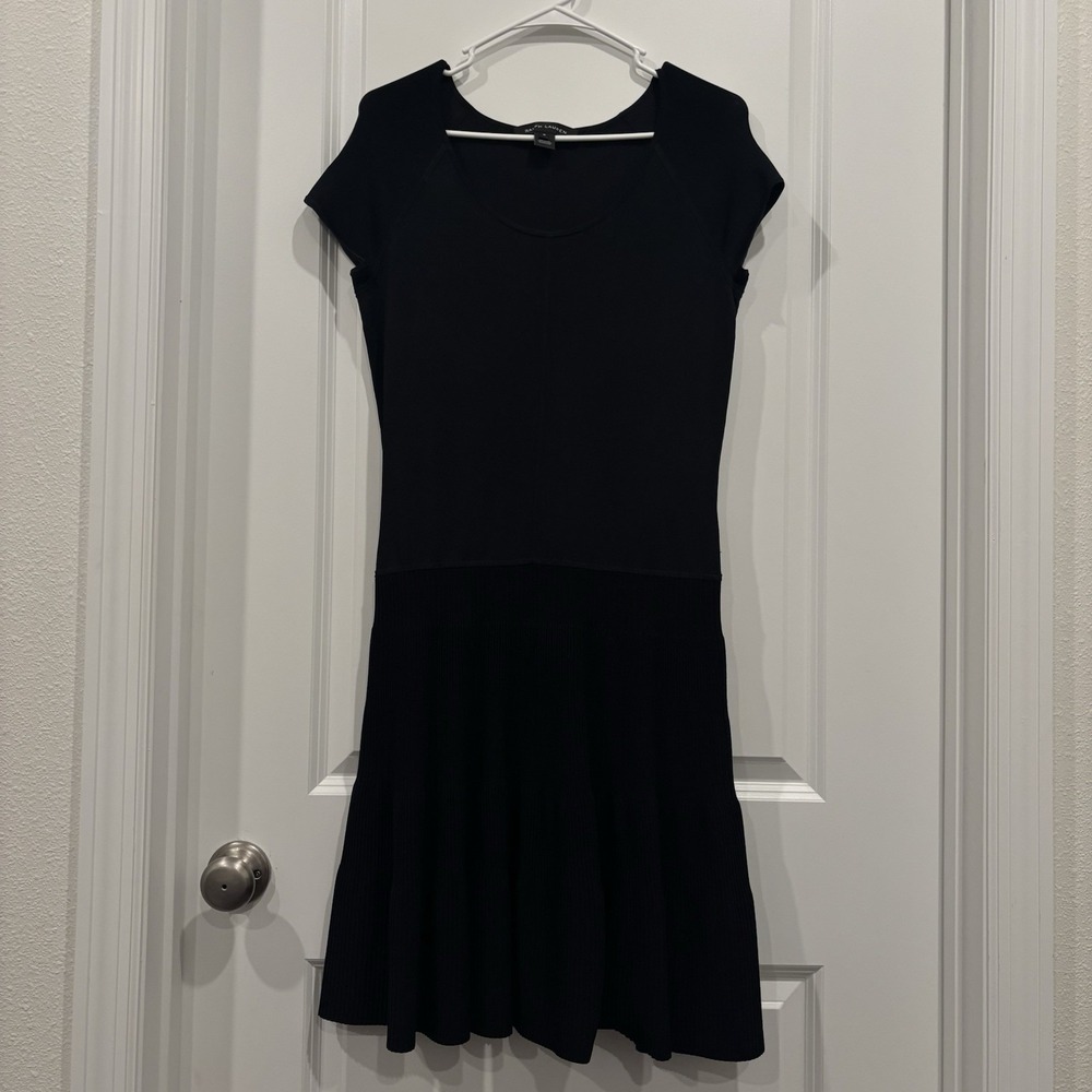 Ralph Lauren Black Label Black Viscose‎ Blend Short Sleeve Ribbed Bottom Dress M